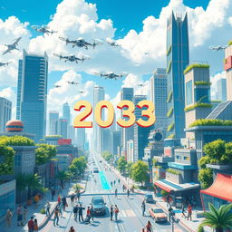 A futuristic cityscape depicting the year 2033
