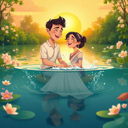A romantic cartoon couple sitting together inside a serene pond, surrounded by lush greenery and blooming flowers