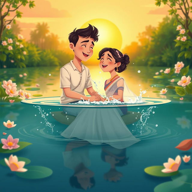 A romantic cartoon couple sitting together inside a serene pond, surrounded by lush greenery and blooming flowers
