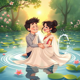 A romantic cartoon couple sitting together inside a serene pond, surrounded by lush greenery and blooming flowers