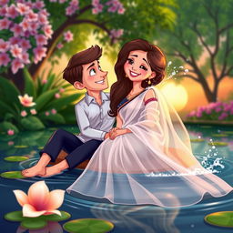 A romantic cartoon couple sitting together inside a serene pond, surrounded by lush greenery and blooming flowers