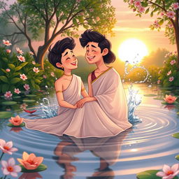 A romantic cartoon couple sitting together inside a serene pond, surrounded by lush greenery and blooming flowers