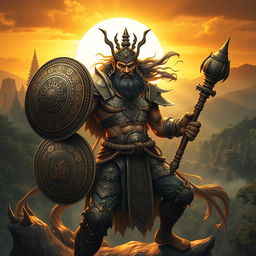 A mystical and powerful depiction of Bima, a legendary warrior from Javanese culture, characterized by his immense strength and bravery