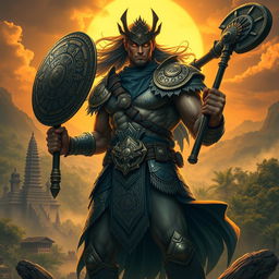 A mystical and powerful depiction of Bima, a legendary warrior from Javanese culture, characterized by his immense strength and bravery