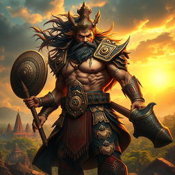 A mystical and powerful depiction of Bima, a legendary warrior from Javanese culture, characterized by his immense strength and bravery