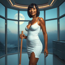 A realistic full-body image of a mature woman, around 50 years old, with straight black hair and light brown mulatto features