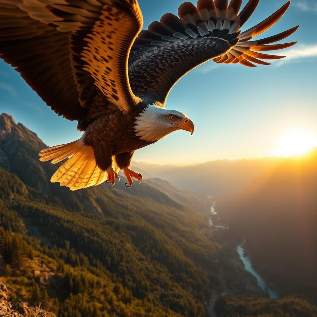 A majestic eagle with detailed feathers soaring high above a breathtaking mountain landscape, the sun setting in the background casting warm golden hues