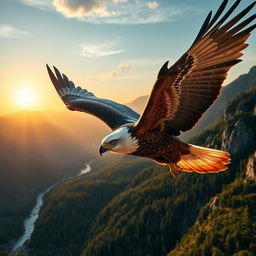 A majestic eagle with detailed feathers soaring high above a breathtaking mountain landscape, the sun setting in the background casting warm golden hues