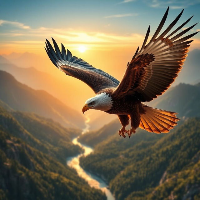 A majestic eagle with detailed feathers soaring high above a breathtaking mountain landscape, the sun setting in the background casting warm golden hues