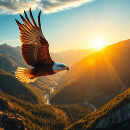 A majestic eagle with detailed feathers soaring high above a breathtaking mountain landscape, the sun setting in the background casting warm golden hues