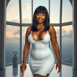 A realistic full-body image of a mature woman, around 50 years old, with straight black hair and light brown mulatto features