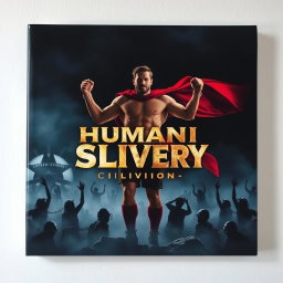 A striking album cover depicting the theme of human slavery civilization juxtaposed with a superhuman savior