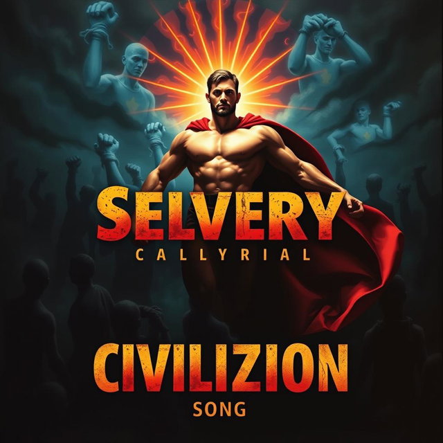 A striking album cover depicting the theme of human slavery civilization juxtaposed with a superhuman savior