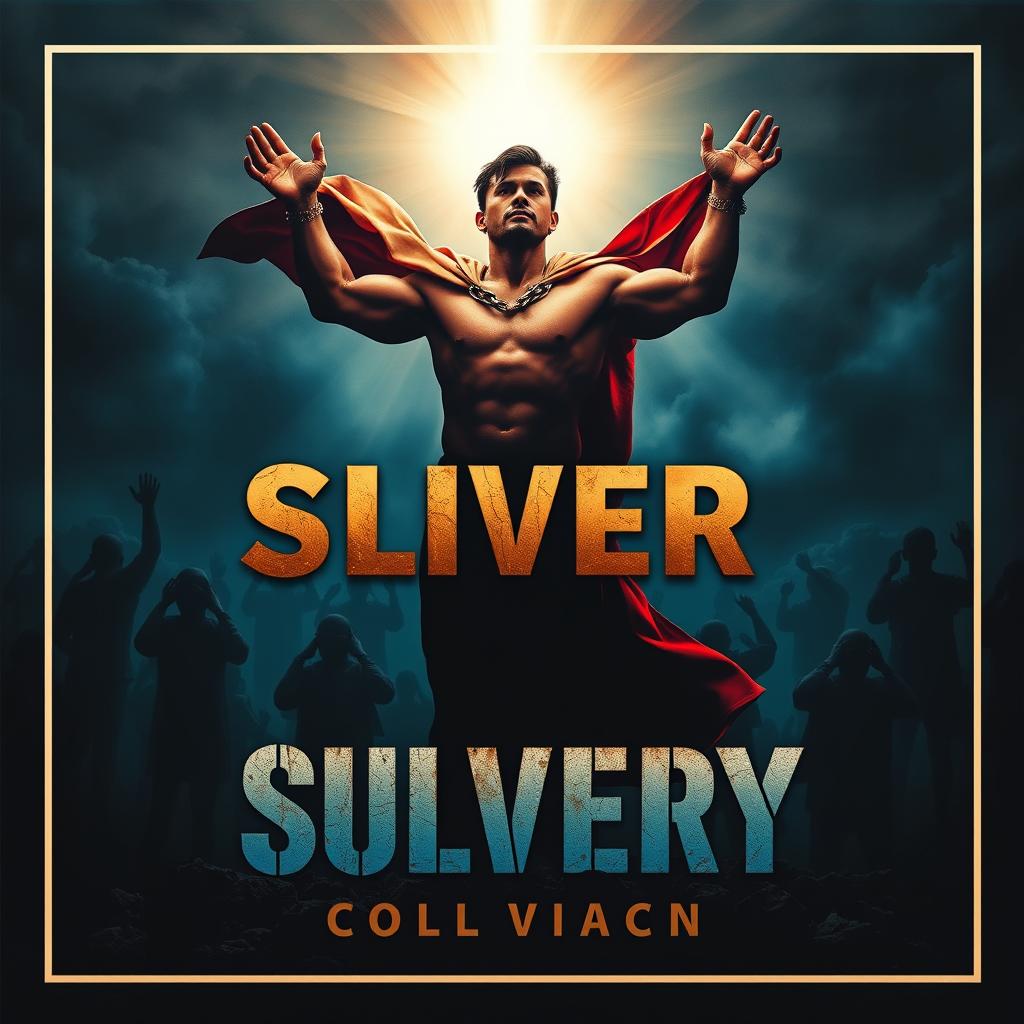 A striking album cover depicting the theme of human slavery civilization juxtaposed with a superhuman savior