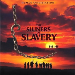 A powerful album cover depicting a thematic representation of human civilization intertwined with the history of slavery