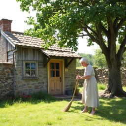An elderly woman with silver hair, dressed in a simple, vintage dress, is sweeping the yard of a quaint old cottage