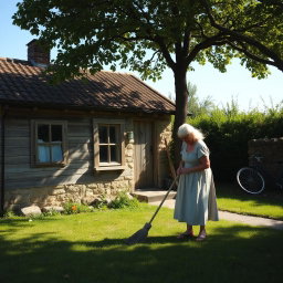 An elderly woman with silver hair, dressed in a simple, vintage dress, is sweeping the yard of a quaint old cottage