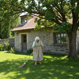 An elderly woman with silver hair, dressed in a simple, vintage dress, is sweeping the yard of a quaint old cottage