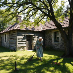 An elderly woman with silver hair, dressed in a simple, vintage dress, is sweeping the yard of a quaint old cottage