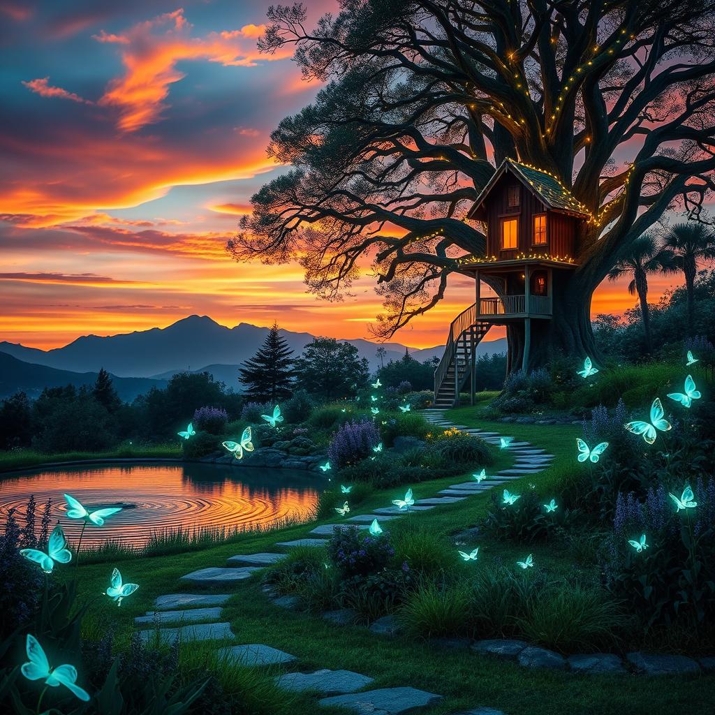 A creative concept photo depicting an ethereal garden at sunset, filled with bioluminescent flowers and softly glowing plants