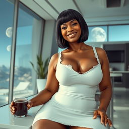 A realistic full-body image of a mature woman, around 50 years old, with straight black hair and light brown mulatto features