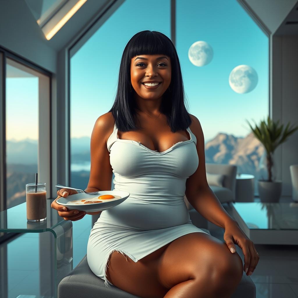 A realistic full-body image of a mature woman, around 50 years old, with straight black hair and light brown mulatto features