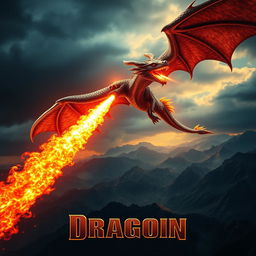 A dramatic movie poster featuring a majestic fire-breathing dragon soaring through a fiery sky