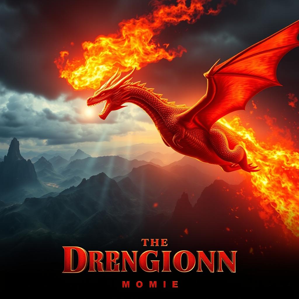 A dramatic movie poster featuring a majestic fire-breathing dragon soaring through a fiery sky