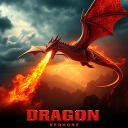 A dramatic movie poster featuring a majestic fire-breathing dragon soaring through a fiery sky