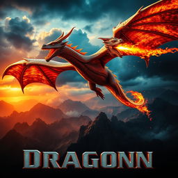 A dramatic movie poster featuring a majestic fire-breathing dragon soaring through a fiery sky