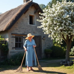 An elderly woman with white hair, wearing a faded blue dress and a sun hat, is sweeping the rustic yard in front of an old, charming cottage