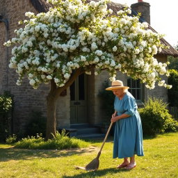 An elderly woman with white hair, wearing a faded blue dress and a sun hat, is sweeping the rustic yard in front of an old, charming cottage
