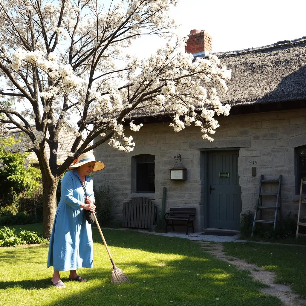 An elderly woman with white hair, wearing a faded blue dress and a sun hat, is sweeping the rustic yard in front of an old, charming cottage