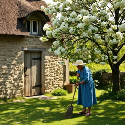 An elderly woman with white hair, wearing a faded blue dress and a sun hat, is sweeping the rustic yard in front of an old, charming cottage