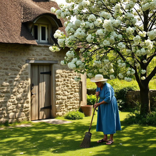 An elderly woman with white hair, wearing a faded blue dress and a sun hat, is sweeping the rustic yard in front of an old, charming cottage