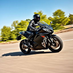 A sleek black R6 motorcycle speeding down a winding road, with a rider dressed in a stylish black leather suit and wearing a matching black helmet