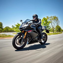 A sleek black R6 motorcycle speeding down a winding road, with a rider dressed in a stylish black leather suit and wearing a matching black helmet
