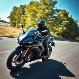 A sleek black R6 motorcycle speeding down a winding road, with a rider dressed in a stylish black leather suit and wearing a matching black helmet
