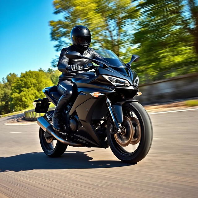 A sleek black R6 motorcycle speeding down a winding road, with a rider dressed in a stylish black leather suit and wearing a matching black helmet