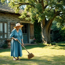 An old woman with silver hair, wearing a faded blue dress and a straw hat, is gently sweeping the yard of a charming old cottage made of rustic stone and wood
