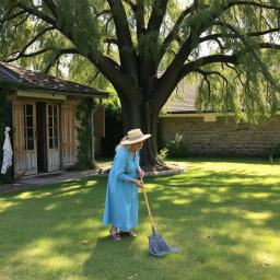 An old woman with silver hair, wearing a faded blue dress and a straw hat, is gently sweeping the yard of a charming old cottage made of rustic stone and wood