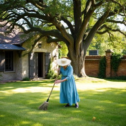 An old woman with silver hair, wearing a faded blue dress and a straw hat, is gently sweeping the yard of a charming old cottage made of rustic stone and wood