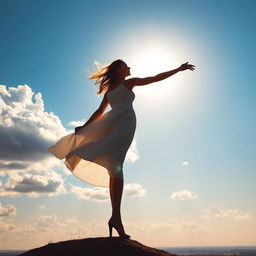 A woman standing gracefully in an expansive sky, her silhouette framed by fluffy white clouds and a vibrant blue background