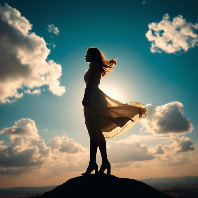 A woman standing gracefully in an expansive sky, her silhouette framed by fluffy white clouds and a vibrant blue background