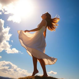 A woman standing gracefully in an expansive sky, her silhouette framed by fluffy white clouds and a vibrant blue background