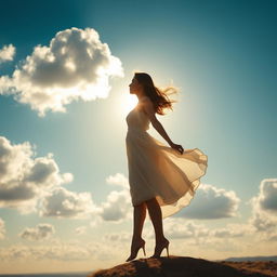A woman standing gracefully in an expansive sky, her silhouette framed by fluffy white clouds and a vibrant blue background