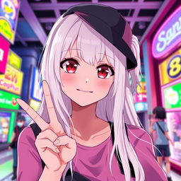 A teenage girl in anime style with long white hair and striking red eyes, posing for a selfie