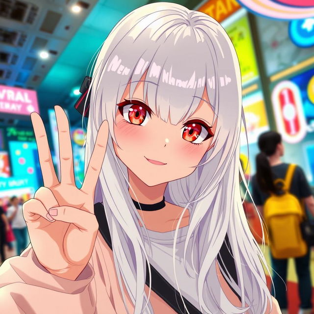 A teenage girl in anime style with long white hair and striking red eyes, posing for a selfie