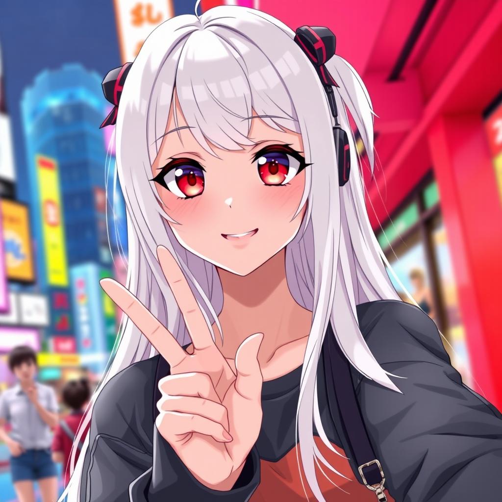 A teenage girl in anime style with long white hair and striking red eyes, posing for a selfie