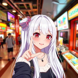 A teenage girl in anime style with long white hair and striking red eyes, posing for a selfie